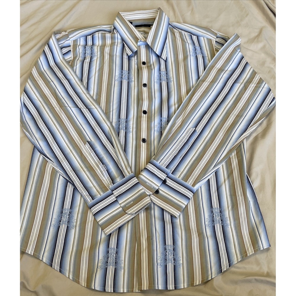 7 Diamonds Shirt Mens XL Blue Striped Casual Button Down Long Sleeve Embroidered